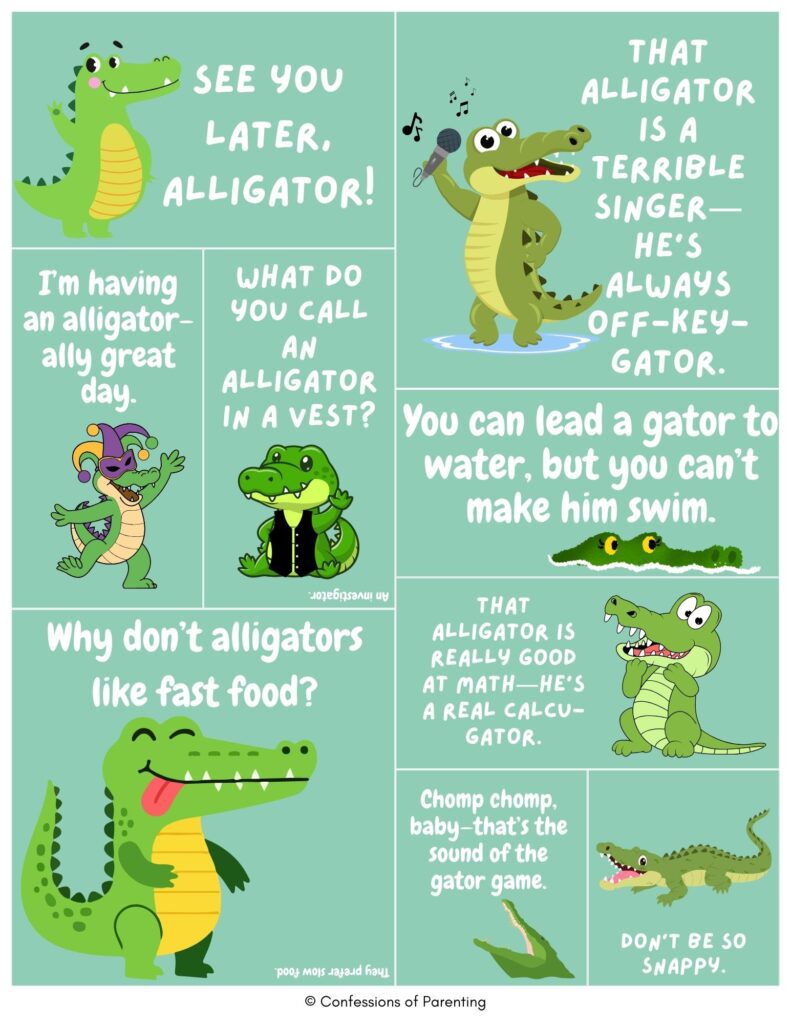 Alligator puns collage with cute cartoon gators and jokes like ‘See you later, alligator,’ ‘Off-key-gator,’ and ‘He’s a real calcu-gator.