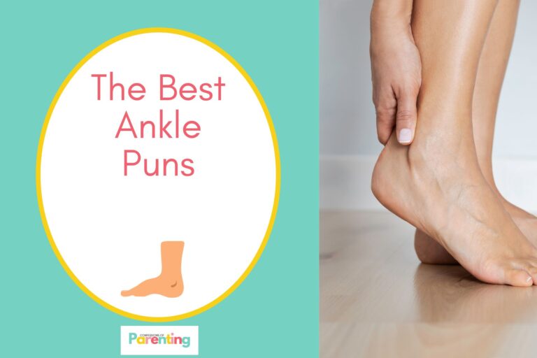 woman touching her ankle on left side of the image with a graphic of a ankle with teal background and red writing "the best nkle puns" with a white oval with a yellow border on the right side