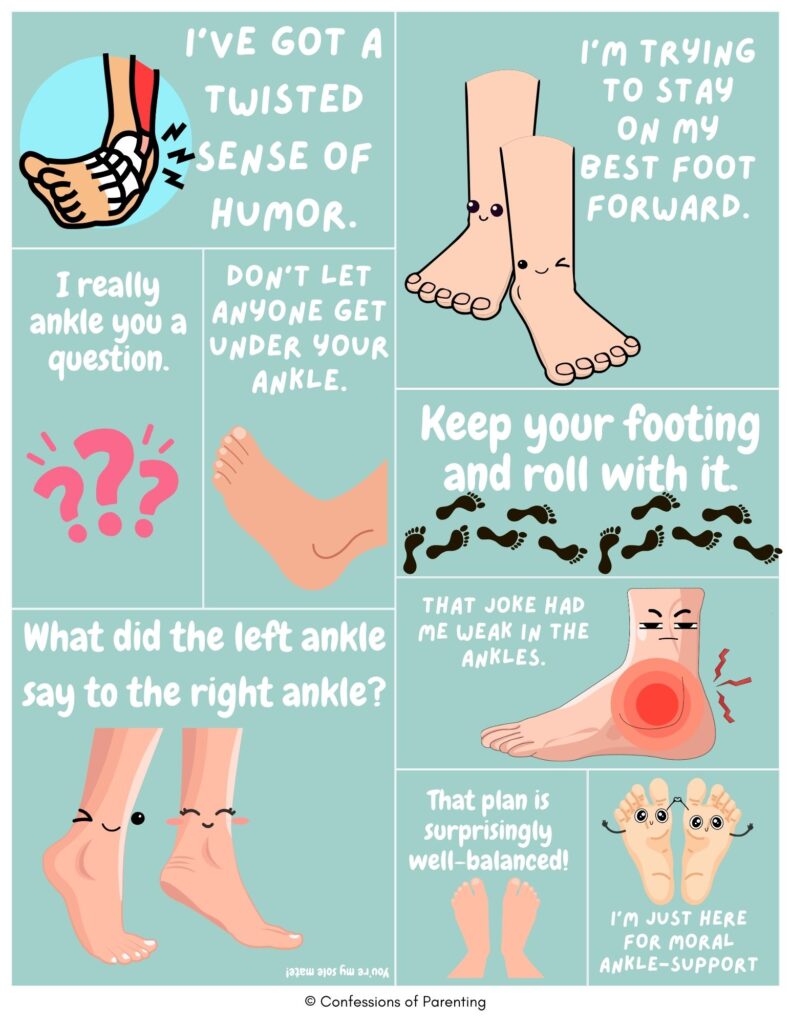 Ankle puns collage with cartoon feet and ankle jokes like ‘I’ve got a twisted sense of humor’ and ‘Don’t let anyone get under your ankle.’