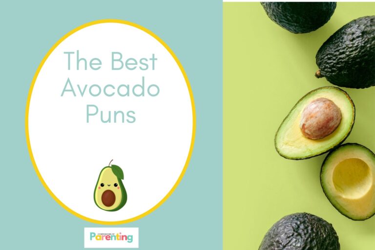 sliced avocado and whole on half the image in the left side with a image of a cutteee smiling avocado with teal background and teal writing "the best avocado puns" with a white oval with a yellow border on the right side