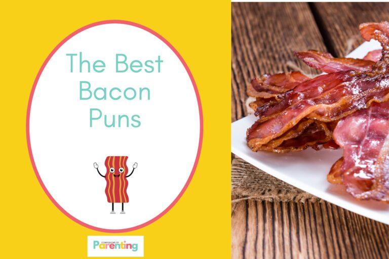 crispy fried bacon on half the image in the left side with a image of a cute smiling bacon with yellow background and teal writing "the best bacon puns" with a white oval with a red border on the right side