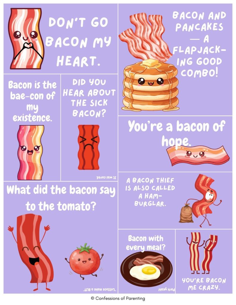 Cute cartoon bacon and pancake characters with funny bacon puns and jokes like ‘Don’t go bacon my heart’ on purple background collage design
