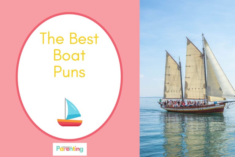 boat sailing on half the image in the left side with a image of a cute blue boat sailing with pink background and yellow writing "the best boat puns" with a white oval with a red border on the right side