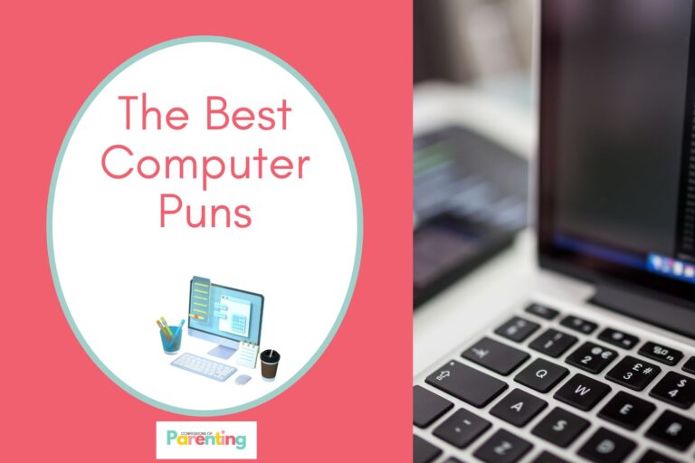 close up shot of a laptop on half the image in the left side with a image of monitor with office supplies and a coffee with red background and red writing "the best computer puns" with a white oval with a teal border on the right side