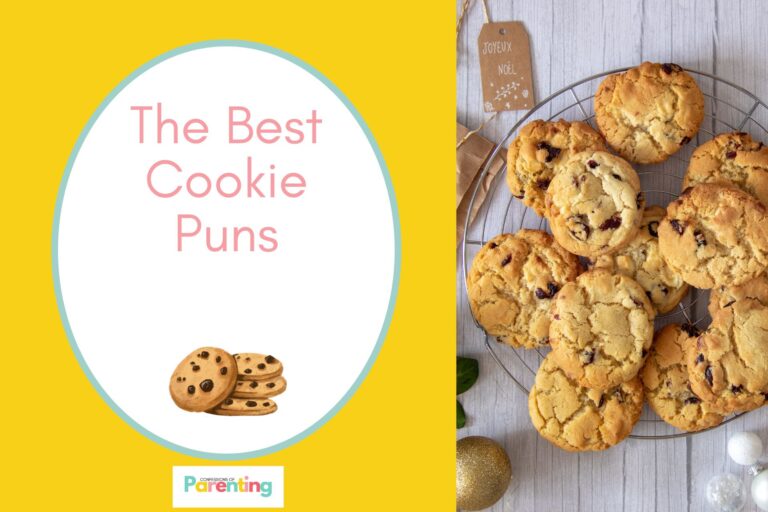 freshly baked cookies on a bowl on half the image of the left side with a image of stacked cookies with yellow background and pink writing "the best cookie puns" with a white oval with a teal border on the right side