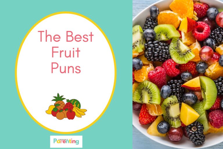 mixed fruits on a bowl on half the image of the left side with a image of fresh fruits and red writing "the best fruit puns" with a white oval with a yellow border on the right side
