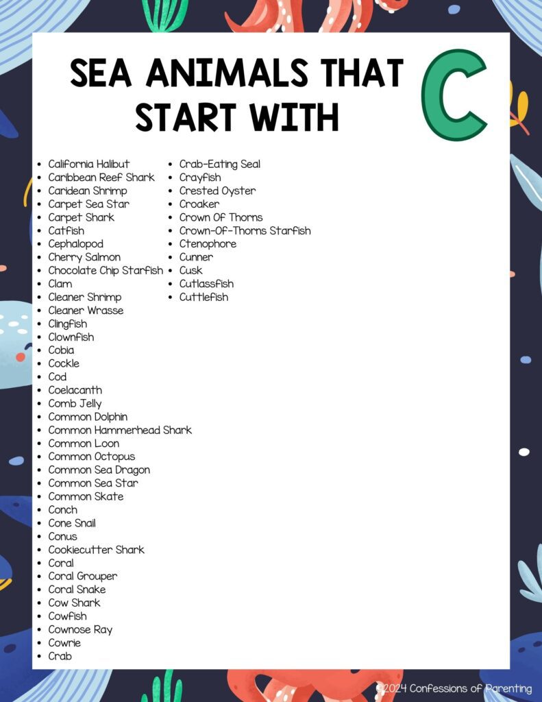 Complete List Of Sea Animals That Start With C