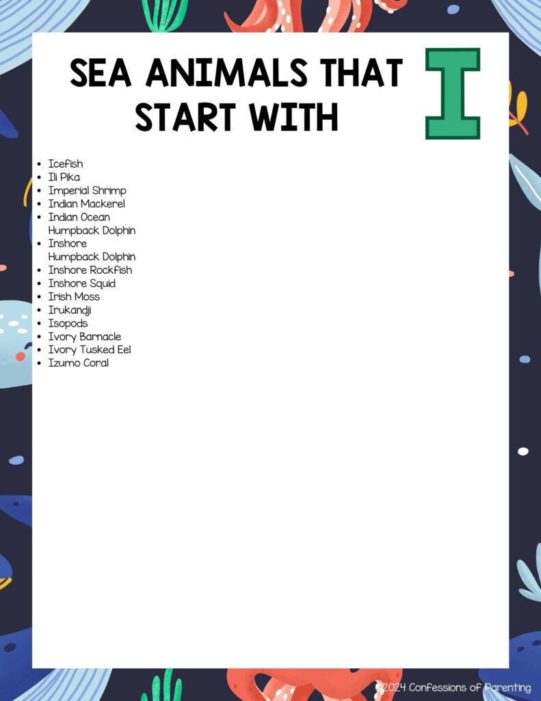 Complete List Of Sea Animals That Start With I printable
