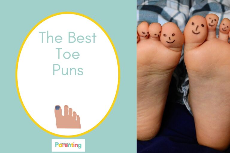 smileys drawing on a kid toes on half the image in the left side with a image of a right foot with teal background and teal writing "the best toe puns" with a white oval with a yellow border on the right side