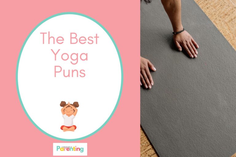 Hands of a Person on a Yoga Mat on half the image with a wood background on the left with a white oval with a teal border with a image of a kid making yoga meditation and pink writing "the best yoga puns"