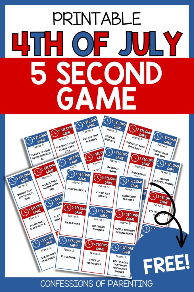pin image; 5 pages of 4th of July 5 second game cards with blue border. 