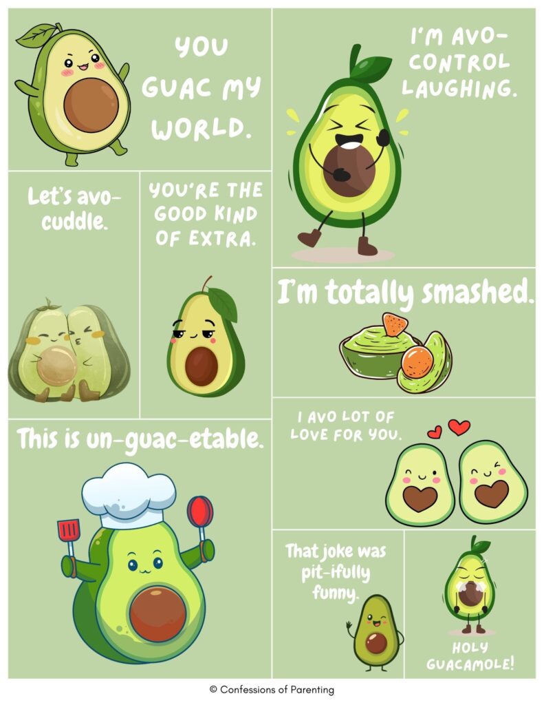 Collage of avocado puns with cute cartoon avocados and jokes like ‘You guac my world,’ ‘I’m avo-control laughing,’ and ‘Holy guacamole!