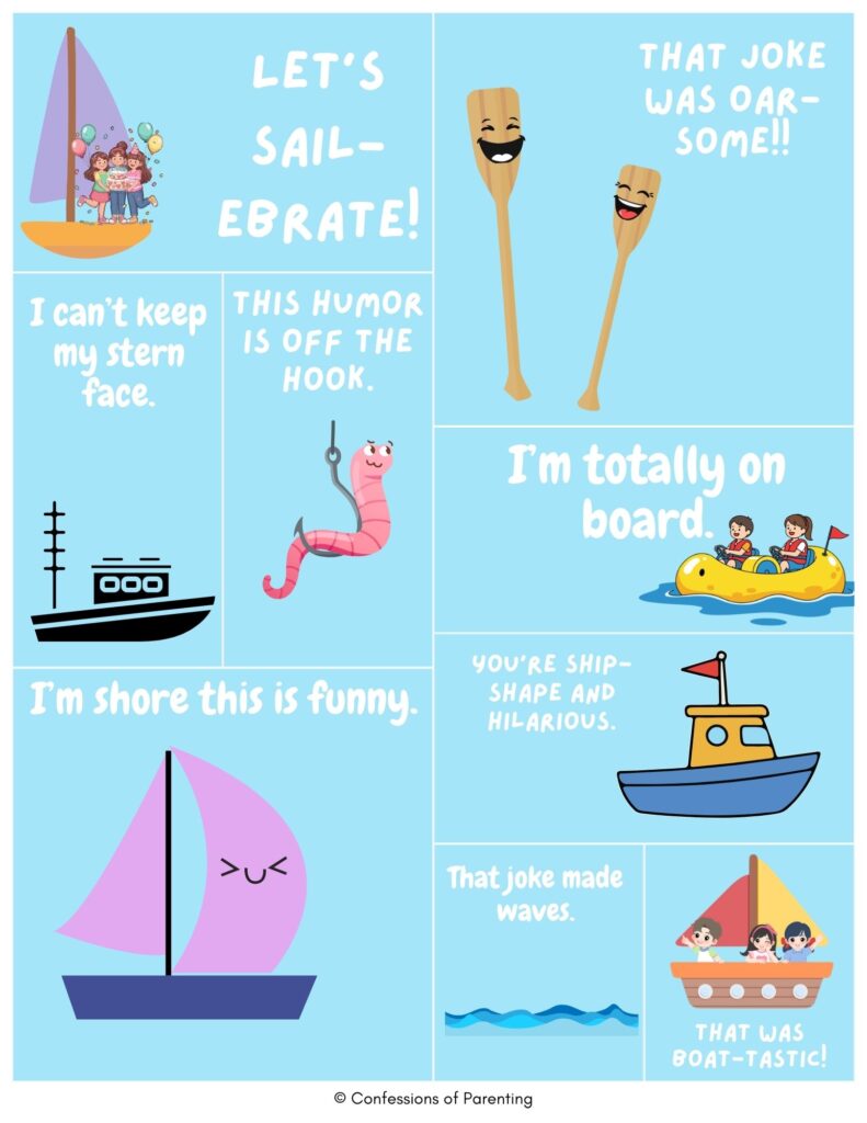 Collage of boat puns with cute sailboats, paddles, worms on hooks, and jokes like ‘Let’s sail-ebrate,’ ‘I’m totally on board,’ and ‘That was boat-tastic!