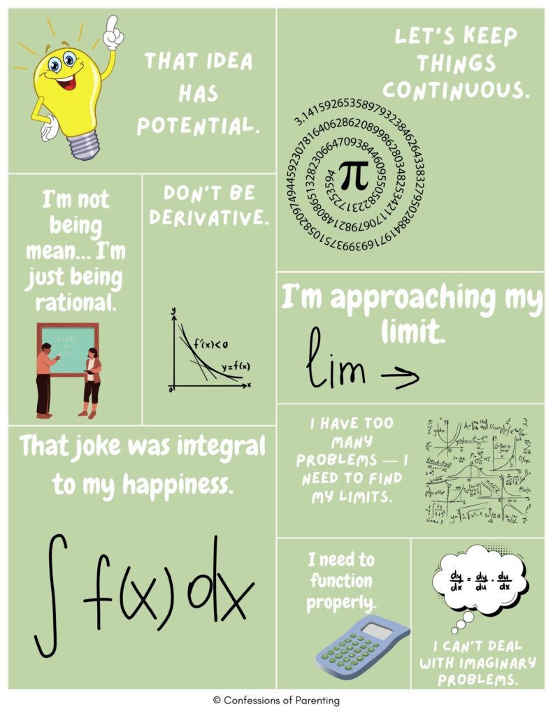 Collage of calculus puns with math jokes like ‘That idea has potential,’ ‘I’m approaching my limit,’ and ‘That joke was integral to my happiness,’ alongside graphs, equations, and a pi symbol.