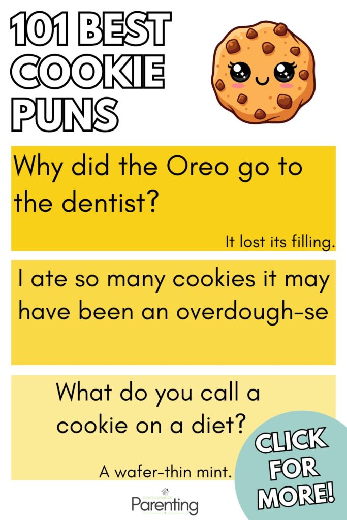 Pinterest graphic for 101 Best Cookie Puns featuring a cute chocolate chip cookie and jokes about Oreos, overdough-se, and wafer-thin mint.