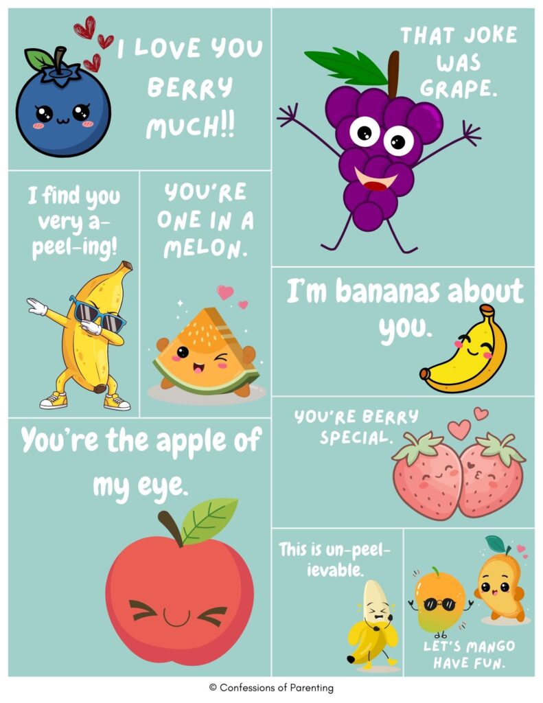 Cute fruit puns collage with smiling cartoon fruits and sayings like ‘I love you berry much’ and ‘You’re one in a melon.’