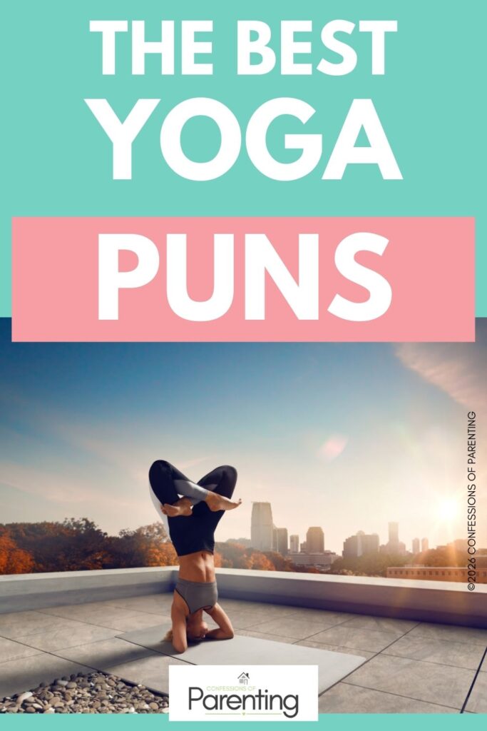 Pinterest graphic reading ‘The Best Yoga Puns’ with a woman doing a headstand yoga pose on a rooftop overlooking a city skyline.