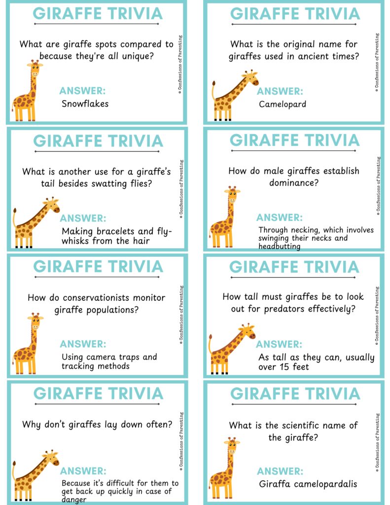 8 giraffe trivia questions and answers PDF with blue border