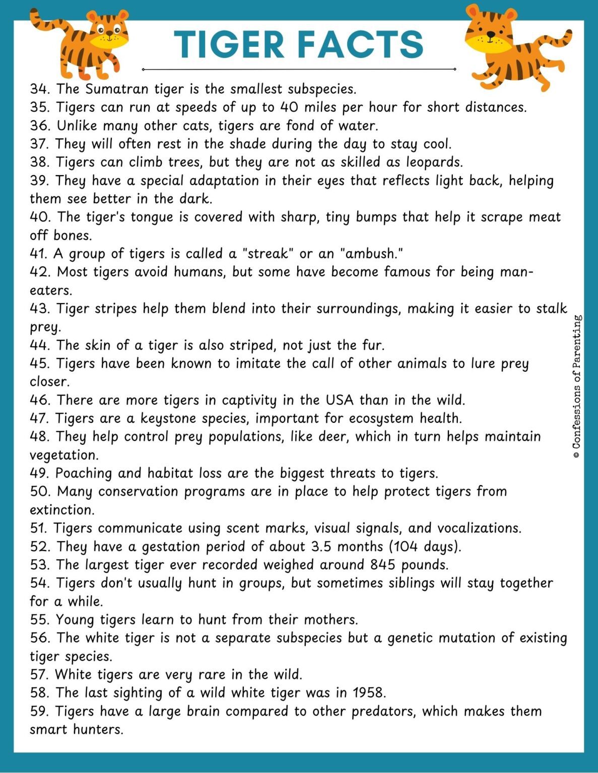 100 Great Tiger Facts + Trivia Questions [Free Printable]