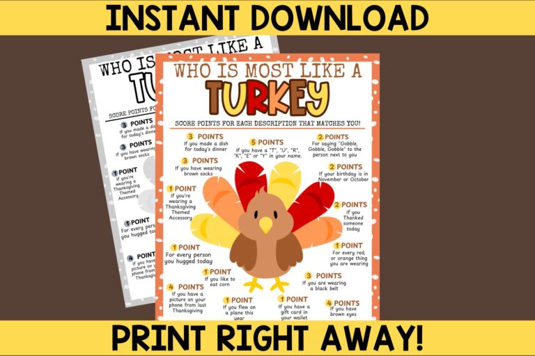 brown background with who is most like a turkey PDF in color and grayscale on brown background with yellow bottom and top border that says instant download print right away