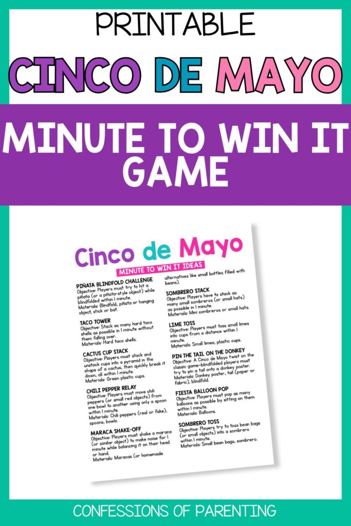 Pinterest Pin: teal border with cinco de mayo minute to win it game PDF mockup with cinco de mayo minute to win it game printable