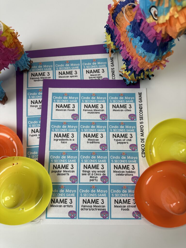 2 cinco de mayo 5 second game PDFs on white background with sombreros and piñata.  