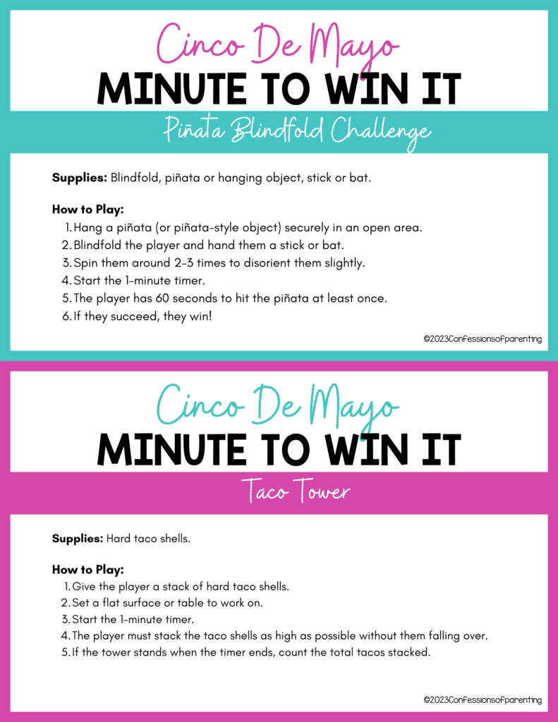 2 cinco de mayo minute to win it ideas: Piñata blindfold challenge, Taco Tower