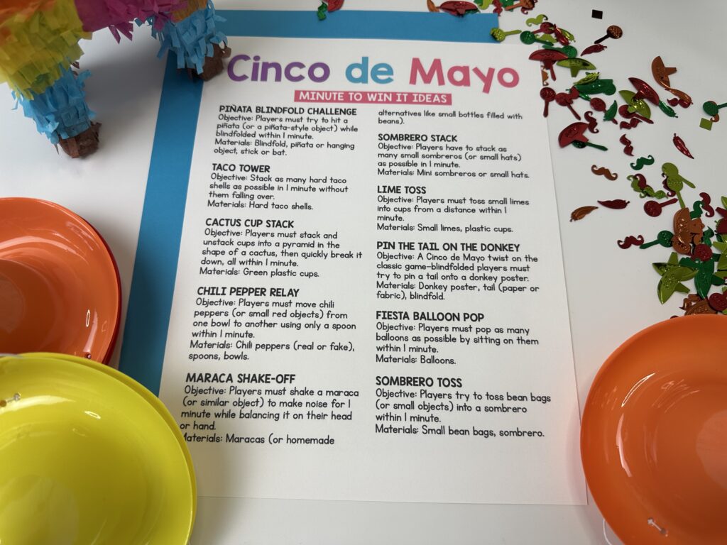 cinco de mayo minute to win it ideas with blue paper behind it on white background and cinco de mayo decorations