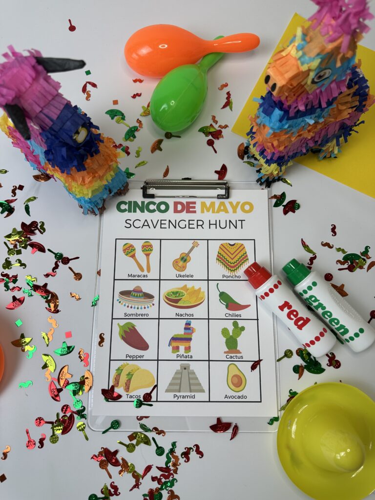 Cinco De Mayo props on white background and Cinco De Mayo Scavenger hunt in the middle