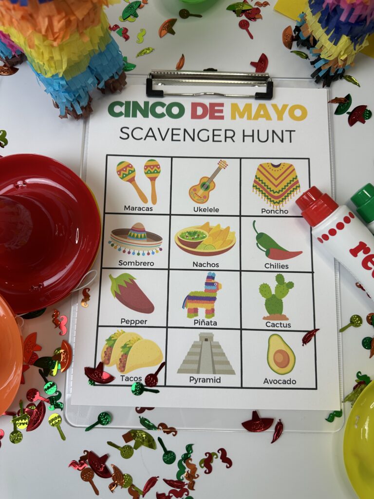 vertical image of Cinco De Mayo Scavenger hunt PDF with white background and Cinco De Mayo props