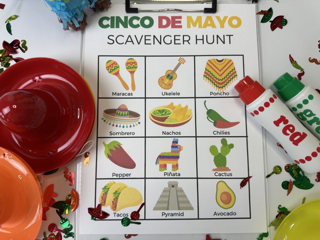 Cinco De Mayo Scavenger hunt PDF closeup with red and green dabbers and red sombrero 