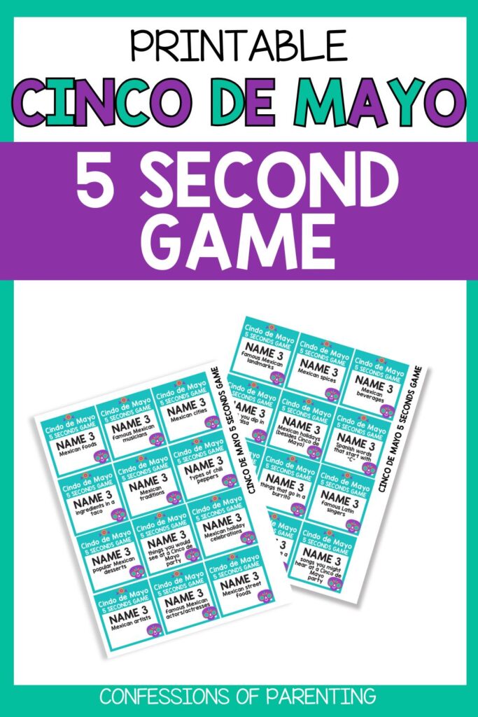 Pinterest Pin: teal border with cinco de mayo 5 second game PDF mockup with cinco de mayo 5 second game printable