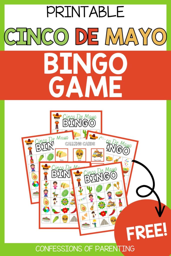 Pinterest Pin: green border with cinco de mayo bingo game PDF mockup with cinco de mayo bingo game printable