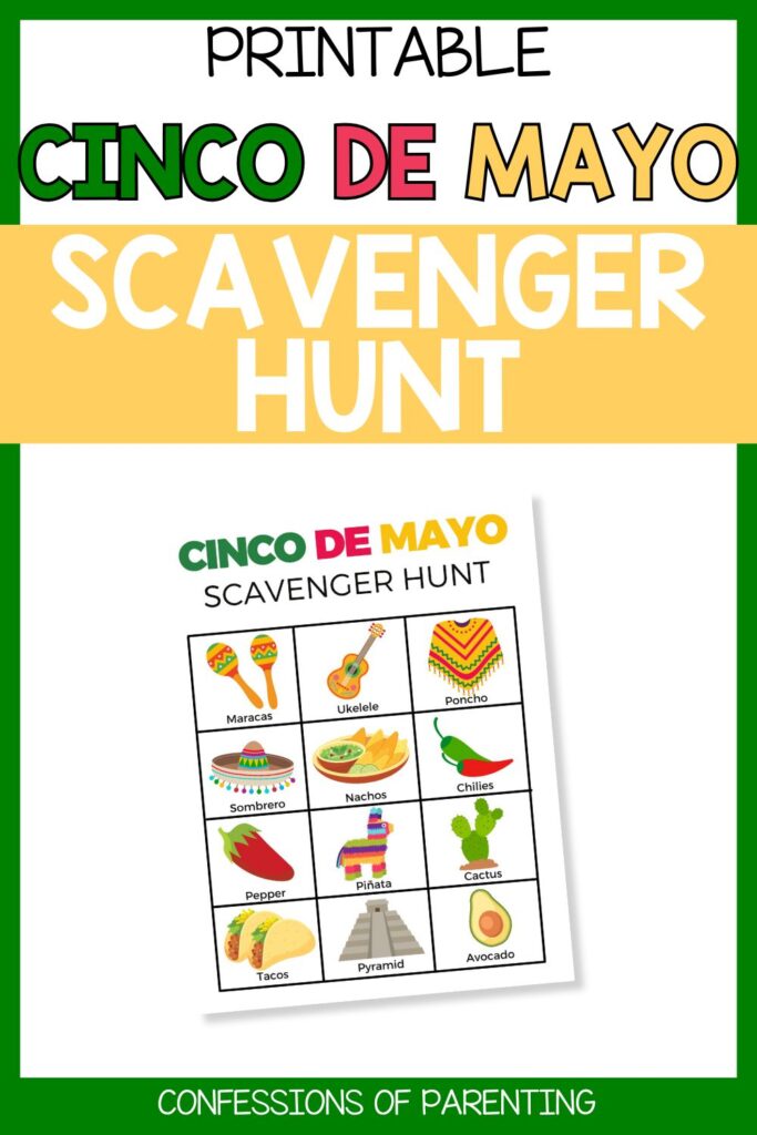 Pinterest Pin: green border with Cinco de Mayo Scavenger Hunt game PDF mockup with Cinco de Mayo Scavenger Hunt game printable