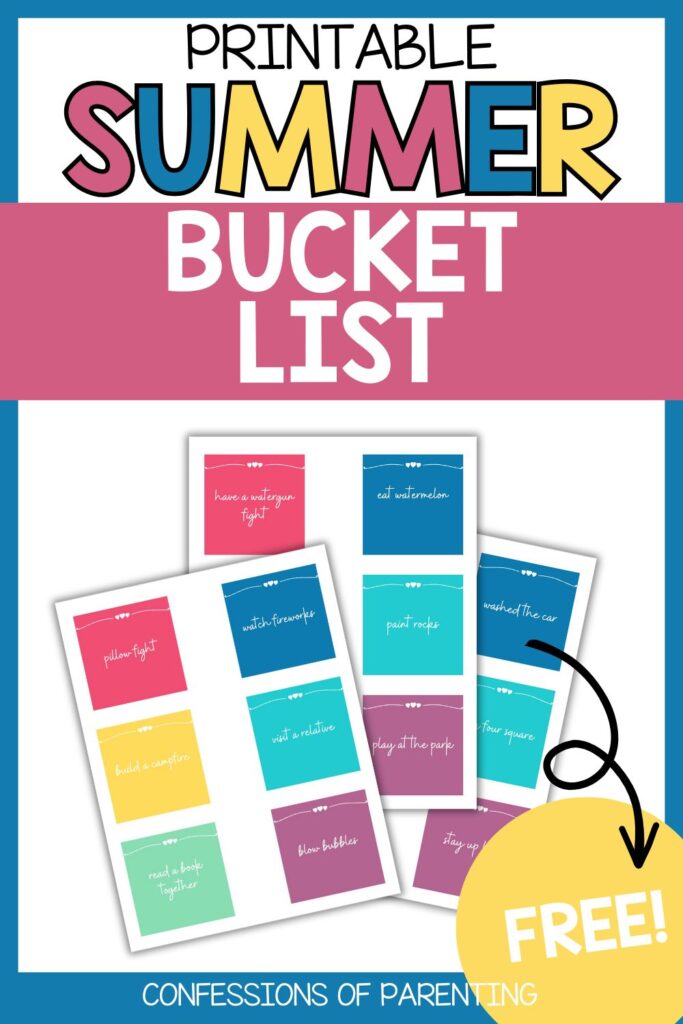 Pinterest Pin: blue border with Summer Bucket List PDF mockup with Summer Bucket List printable