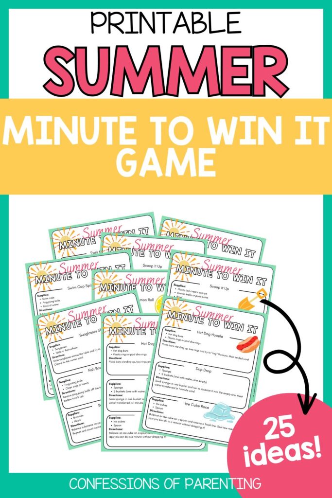 Pinterest Pin: teal border with Summer minute to win it game PDF mockup with Summer minute to win it game printable
