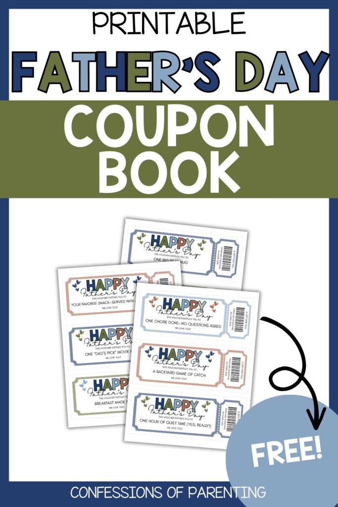 Pinterest Pin: teal border with Father's Day Coupon PDF mockup with Father's Day Coupon printable
