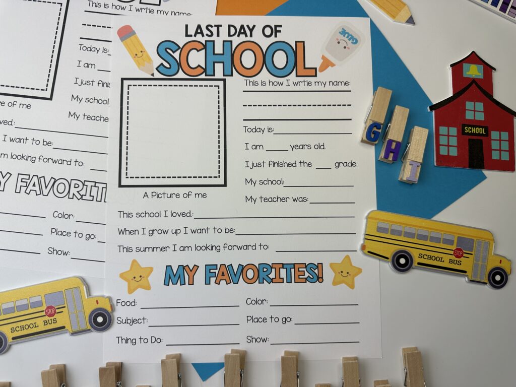 vertical mockup of last day of school printable- decorated with School props