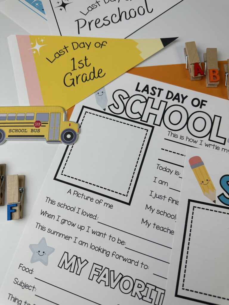 closeup of black and white copy of last day of school printable with school props