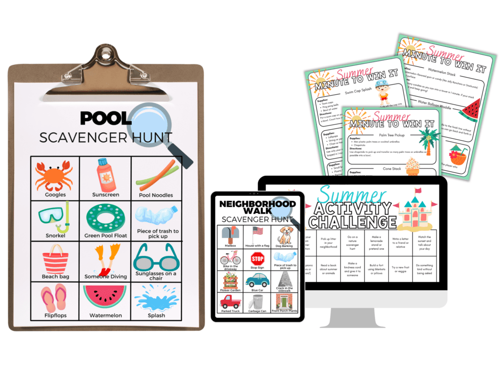 mockup family Summer printables on screens and paper copies. 