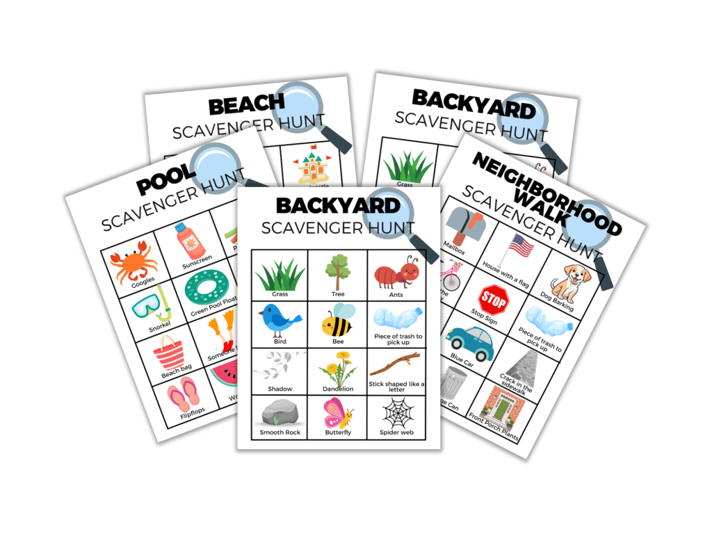 mockup of beach scavenger hunt, backyard scavenger hunt, pool scavenger hunt, neighborhood scavenger hunt