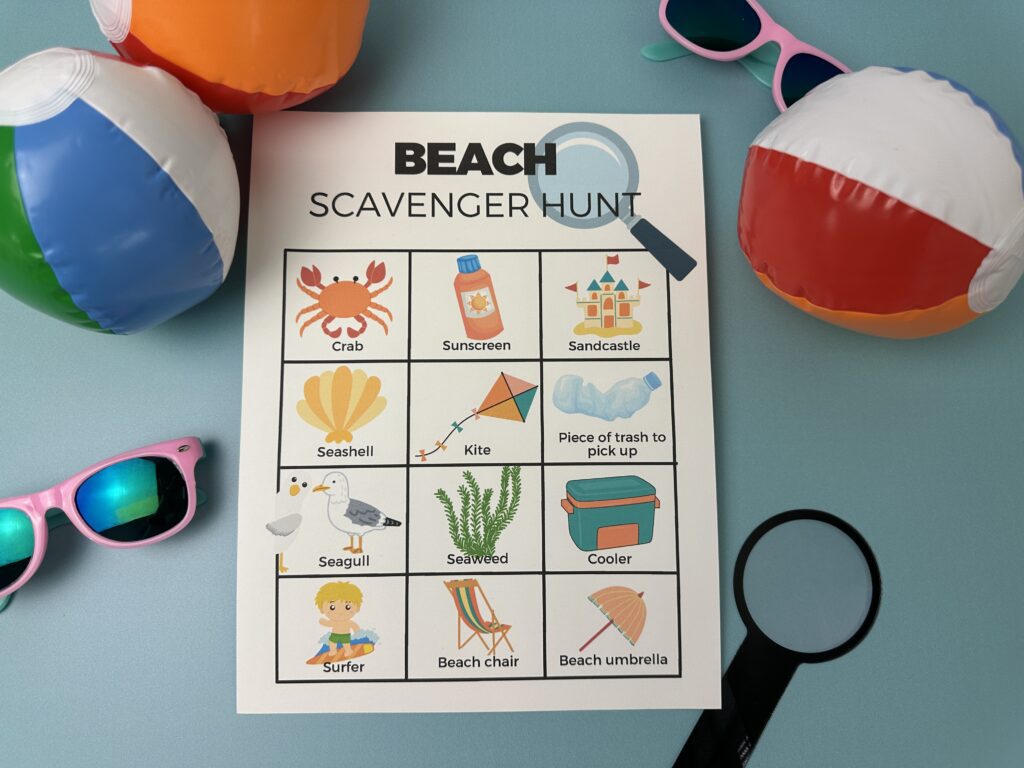 beach scavenger hunt on blue background with beach props