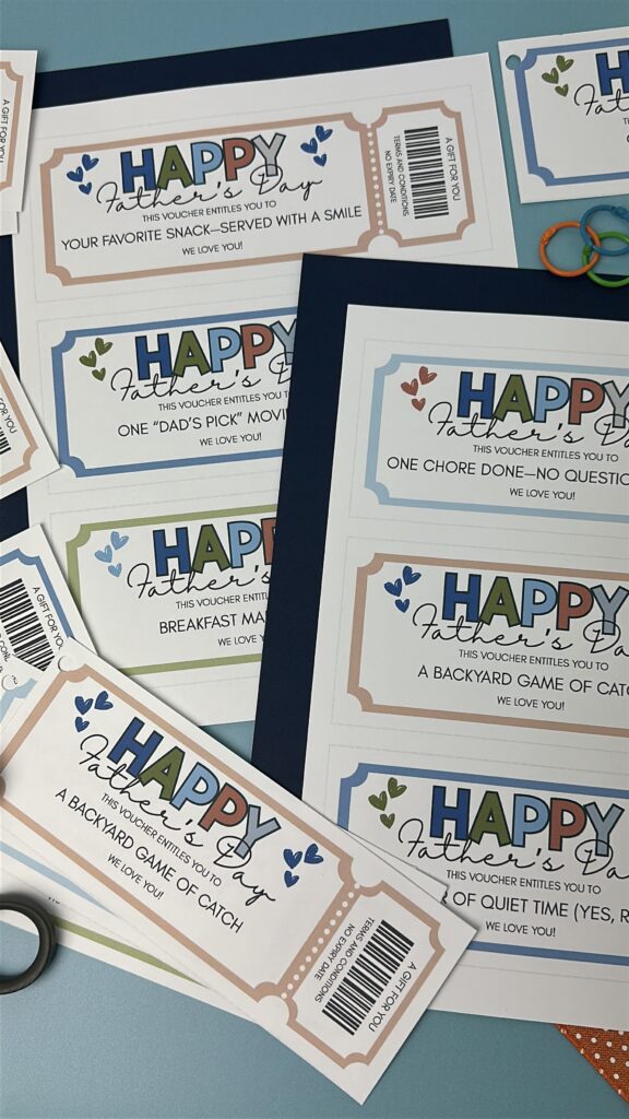 closeup of Father's Day coupons prepped for coupon book