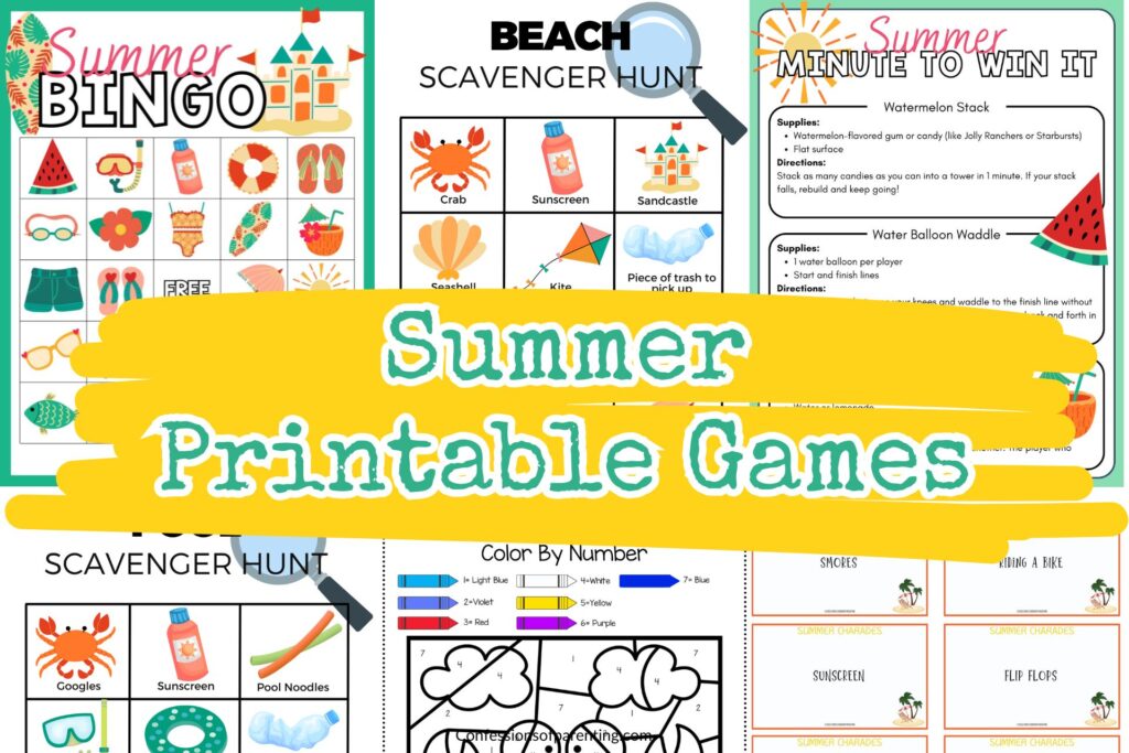 summer printable games mockup with yellow splash and green writing