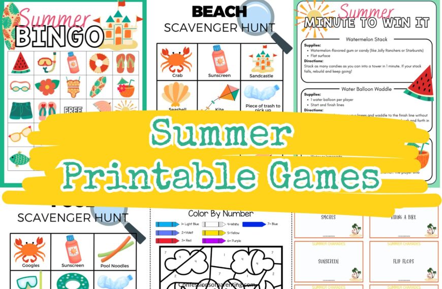 summer printable games mockup with yellow splash and green writing