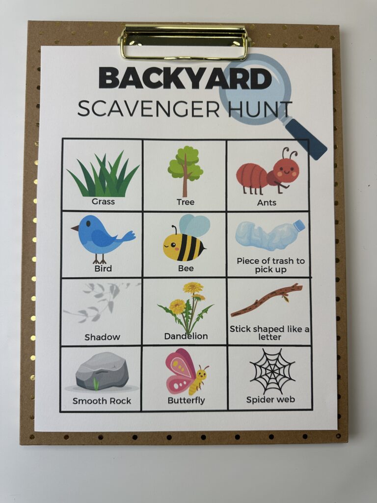 Backyard scavenger hunt PDF on clipboard
