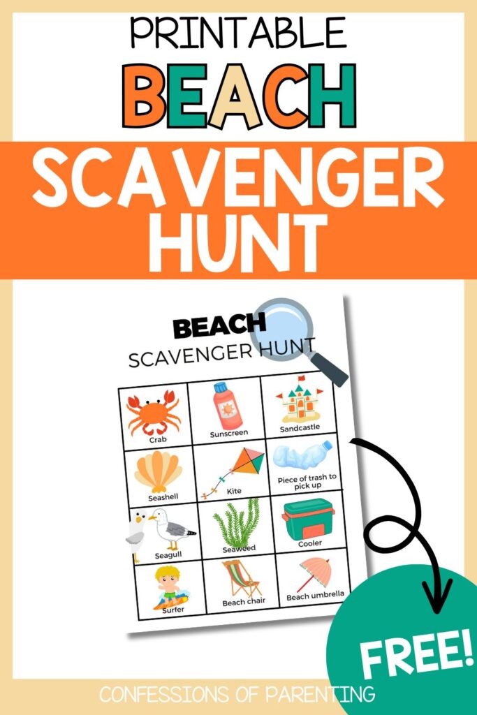 Pinterest Pin: teal border with Beach Scavenger Hunt PDF mockup with Beach Scavenger Hunt printable