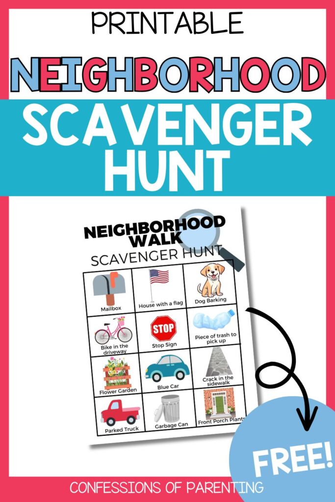 Pinterest Pin: red border with Neighborhood Scavenger Hunt PDF mockup with Neighborhood Scavenger Hunt printable
