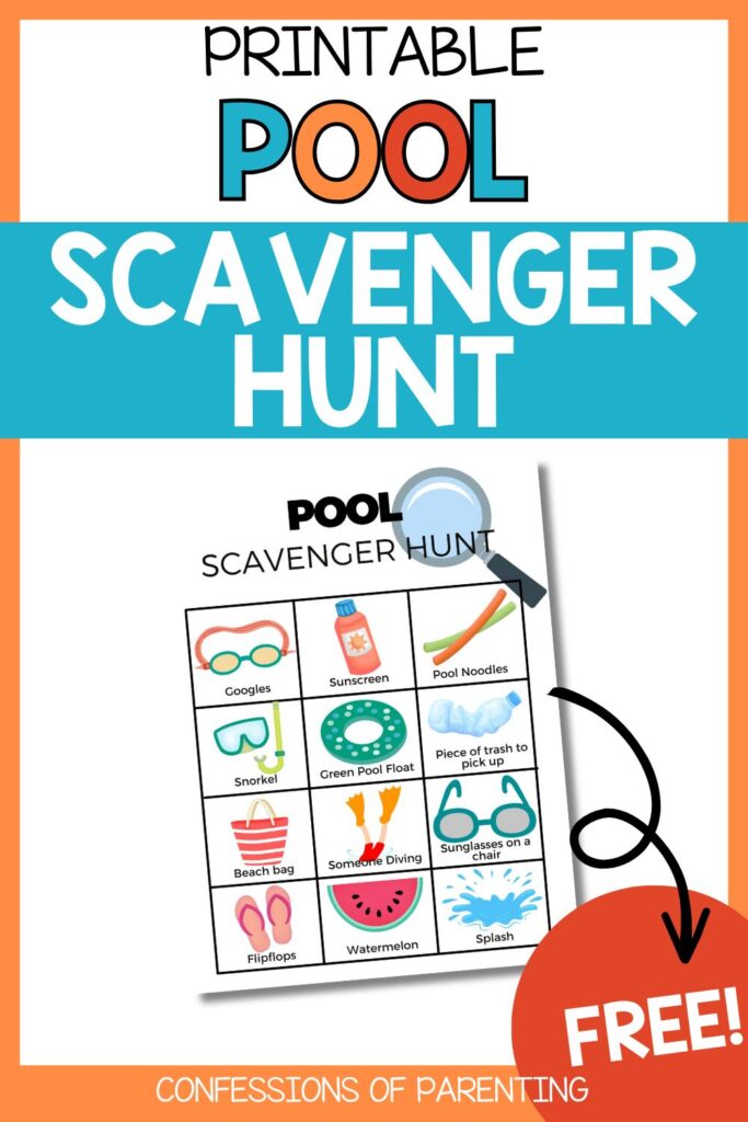 Pinterest Pin: orange border with Pool Scavenger Hunt game PDF mockup with Pool Scavenger Hunt game printable
