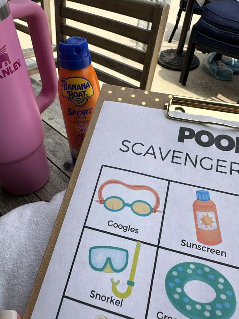 pool scavenger hunt on clipboard with sunscreen in background